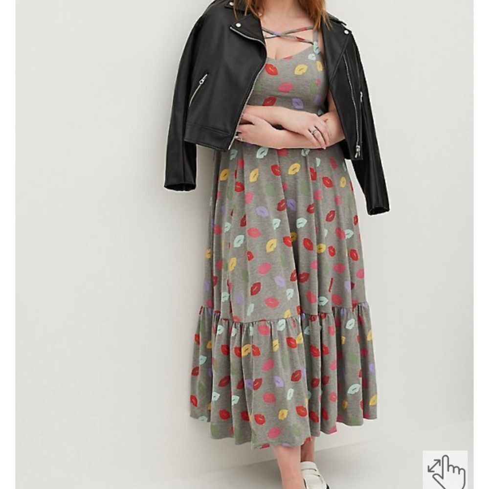 Torrid Gray Multi Color Lip Print Maxi Dress Contemporary Feminine Boho